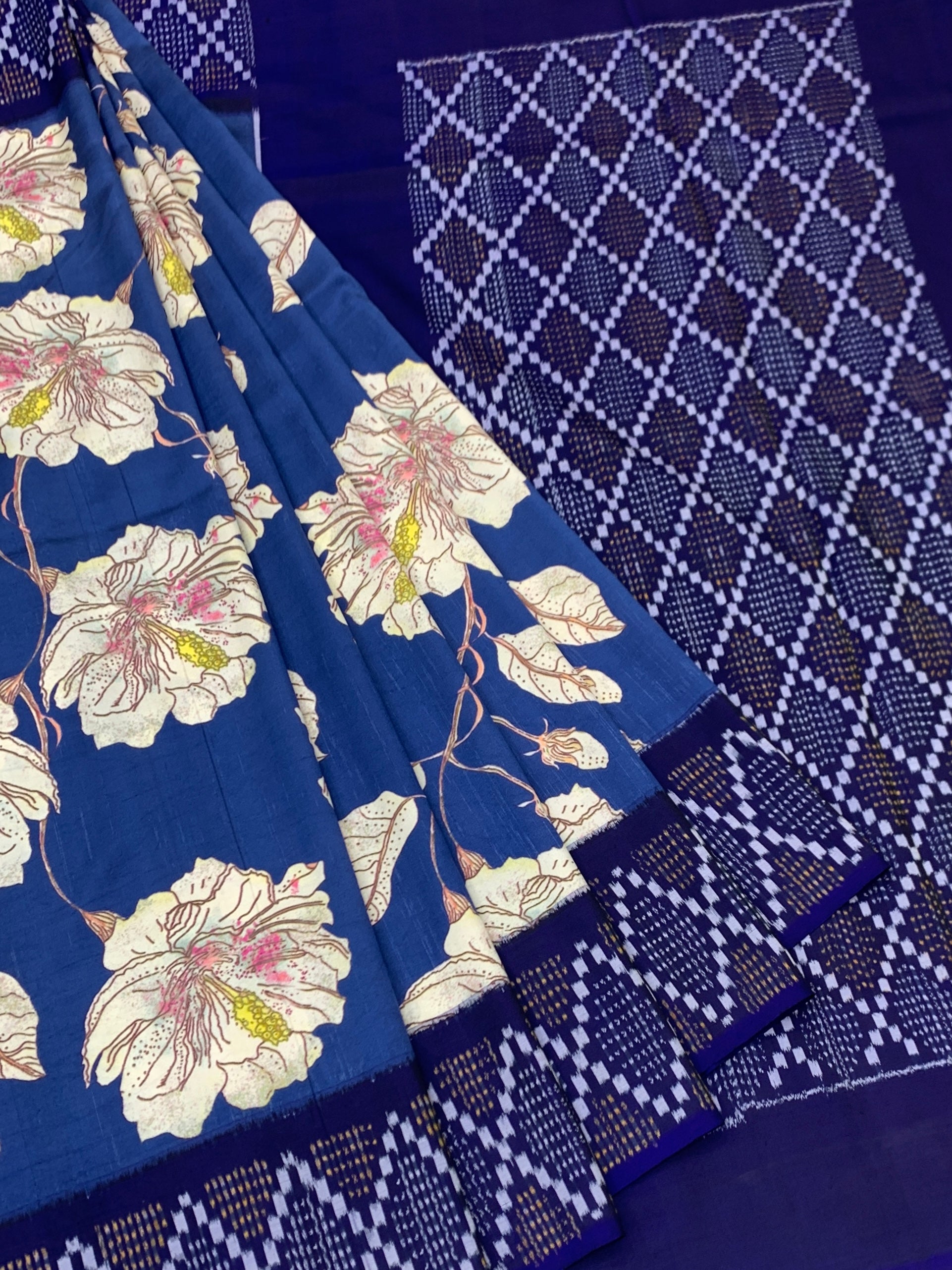 Royal Blue Floral Print Patola Saree with Geometric Blouse