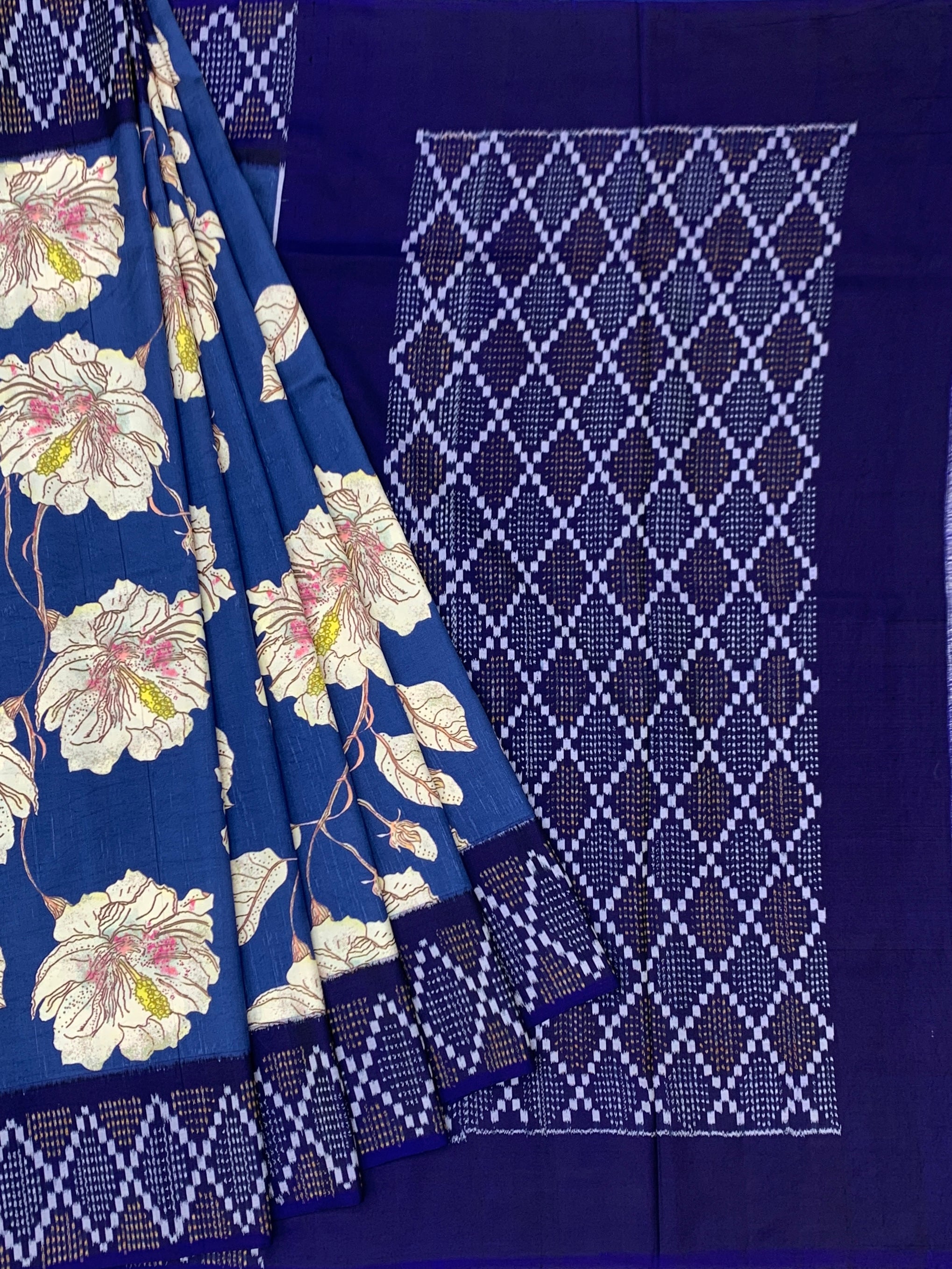 Royal Blue Floral Print Patola Saree with Geometric Blouse