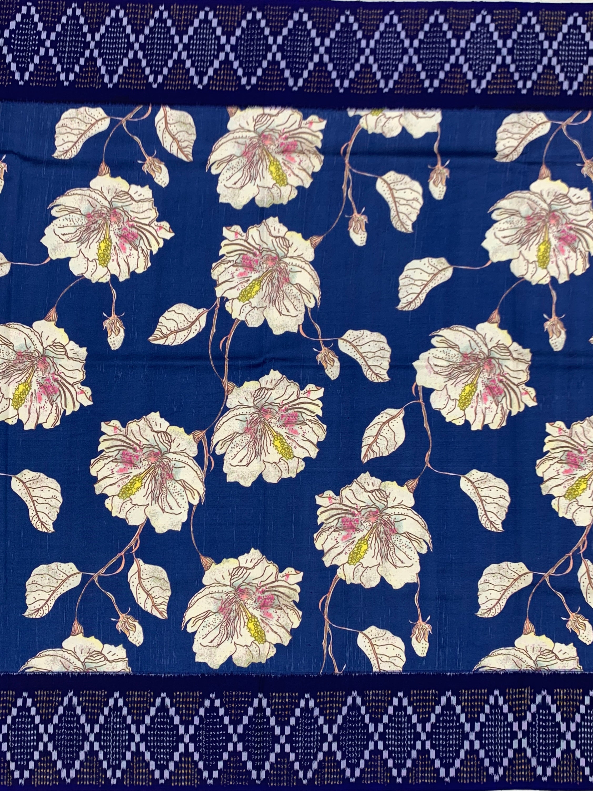 Royal Blue Floral Print Patola Saree with Geometric Blouse