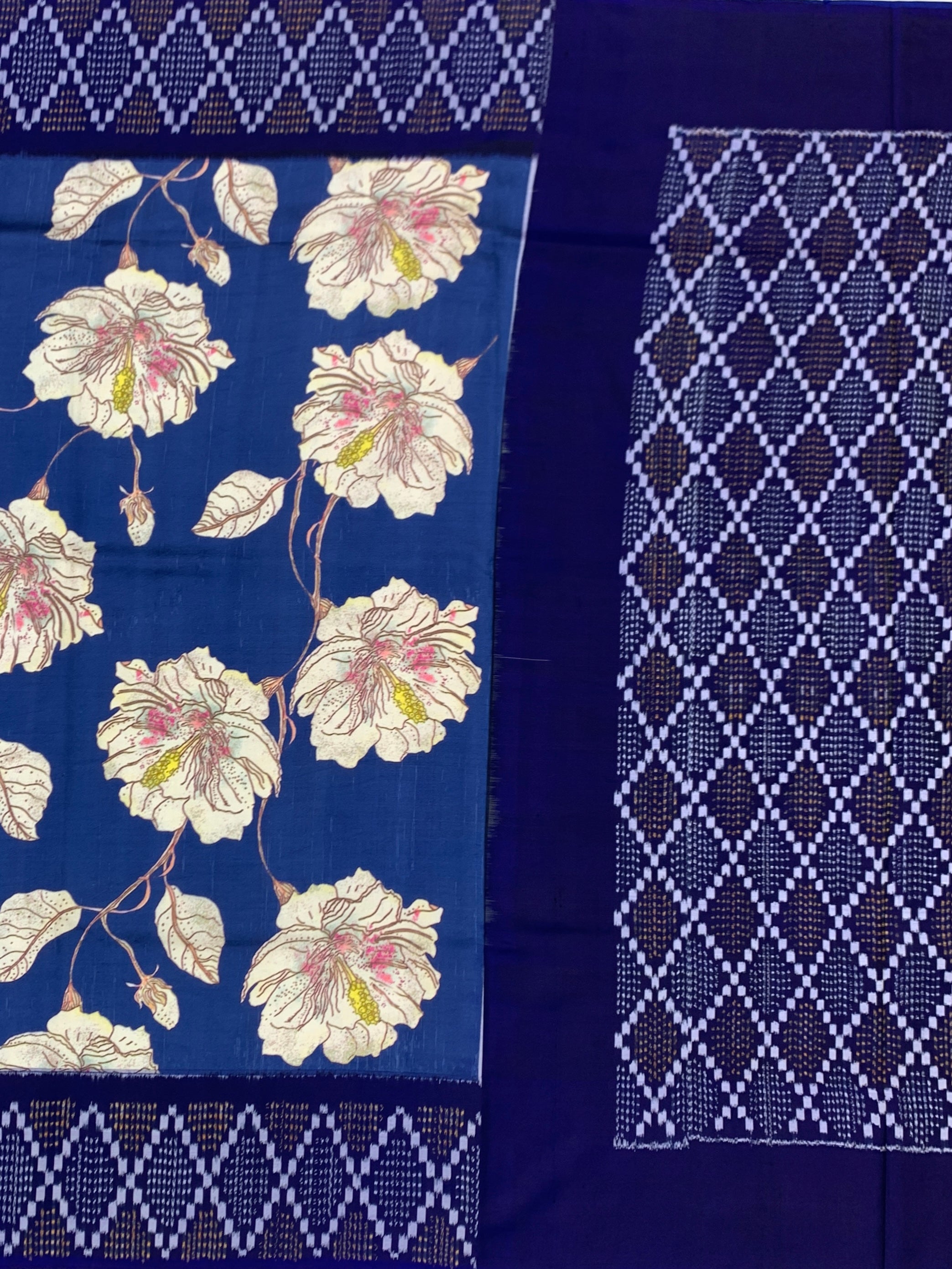 Royal Blue Floral Print Patola Saree with Geometric Blouse