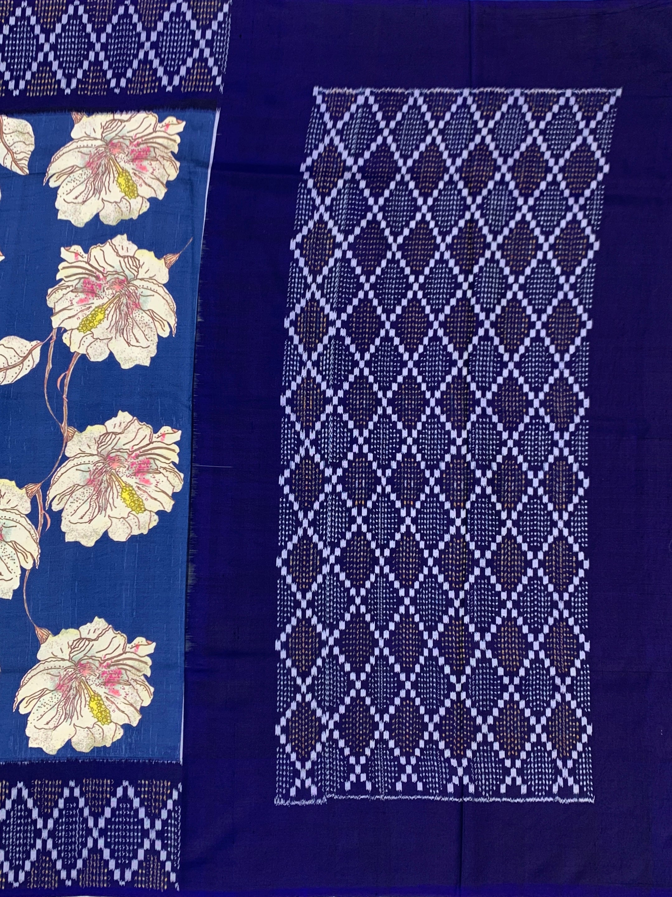 Royal Blue Floral Print Patola Saree with Geometric Blouse