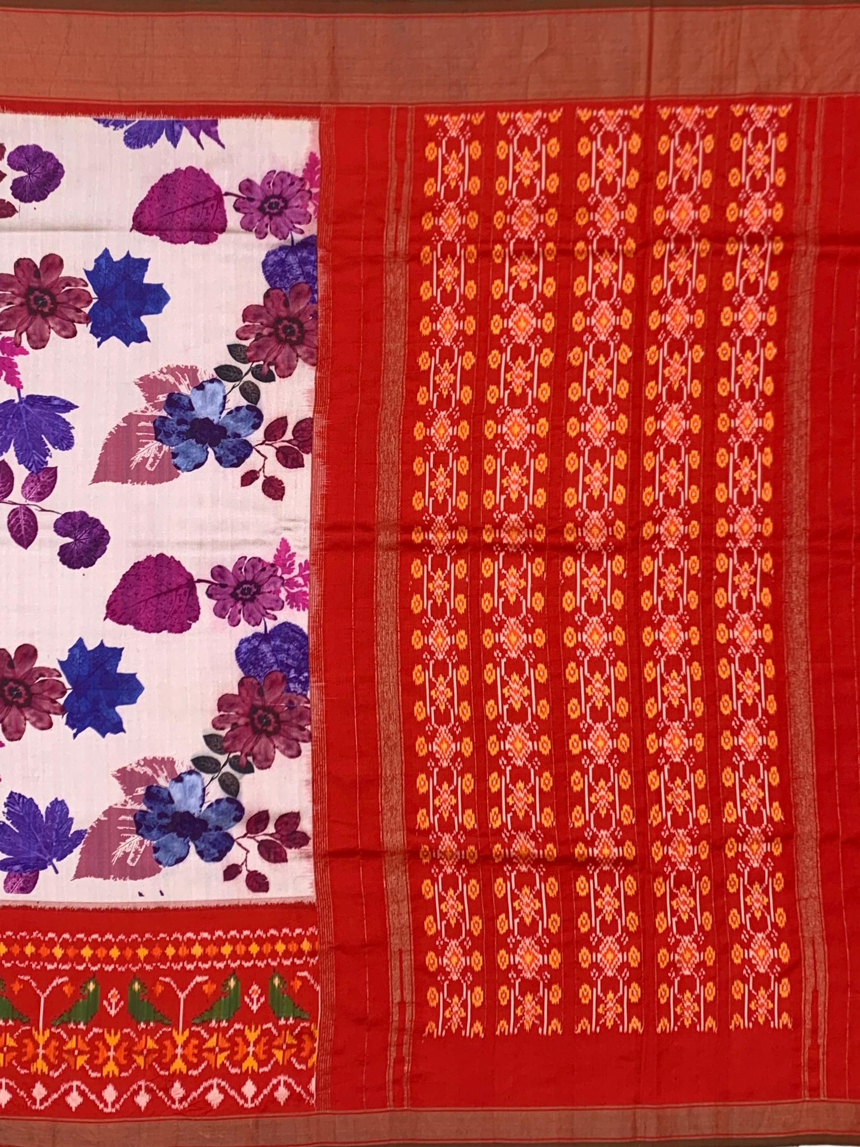 Vibrant Floral Printed Patola-Style Saree with Rich Red Contrast Pallu and Blouse