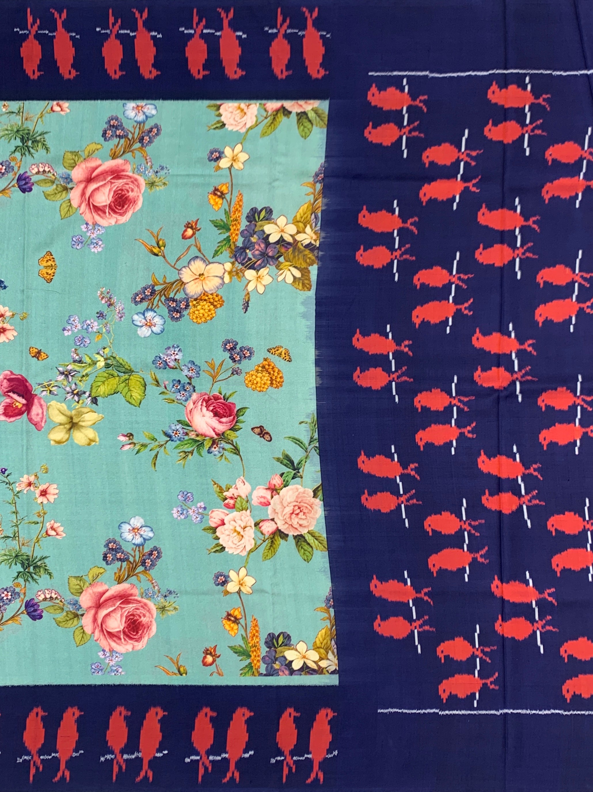 Elegant Sea Green Floral Saree with Navy Patola-Style Border & Blouse
