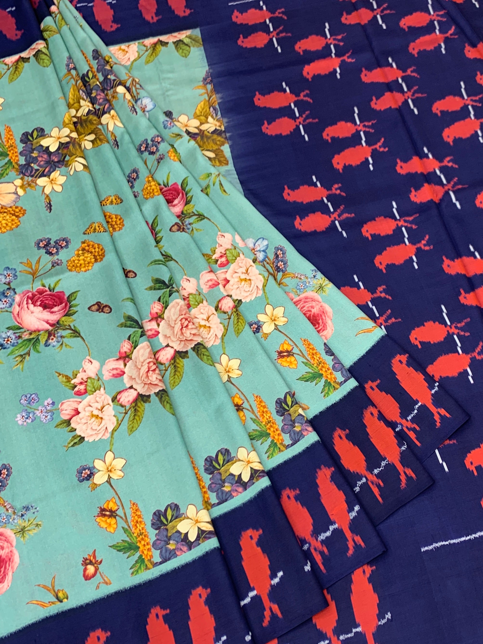 Elegant Sea Green Floral Saree with Navy Patola-Style Border & Blouse