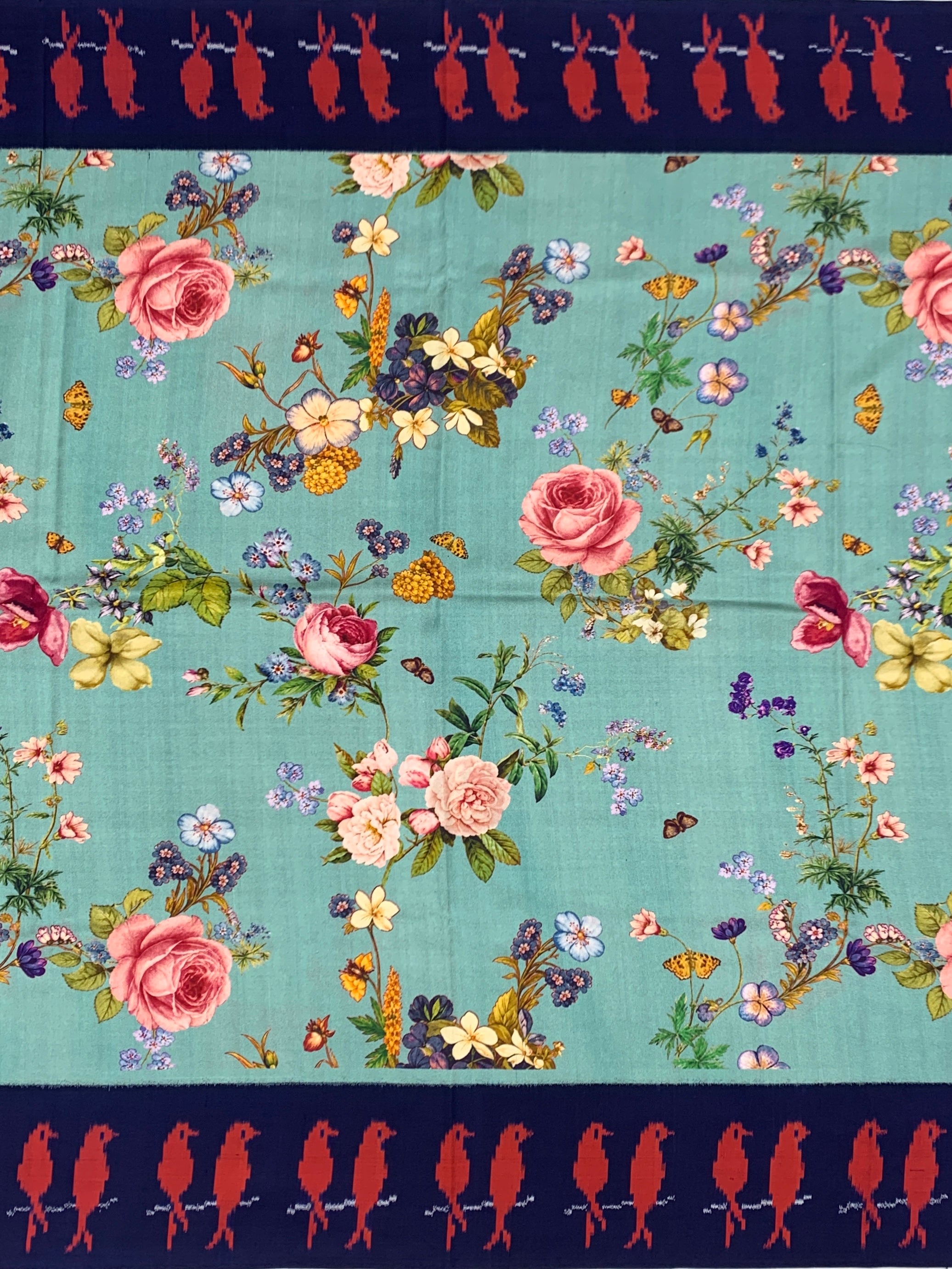Elegant Sea Green Floral Saree with Navy Patola-Style Border & Blouse