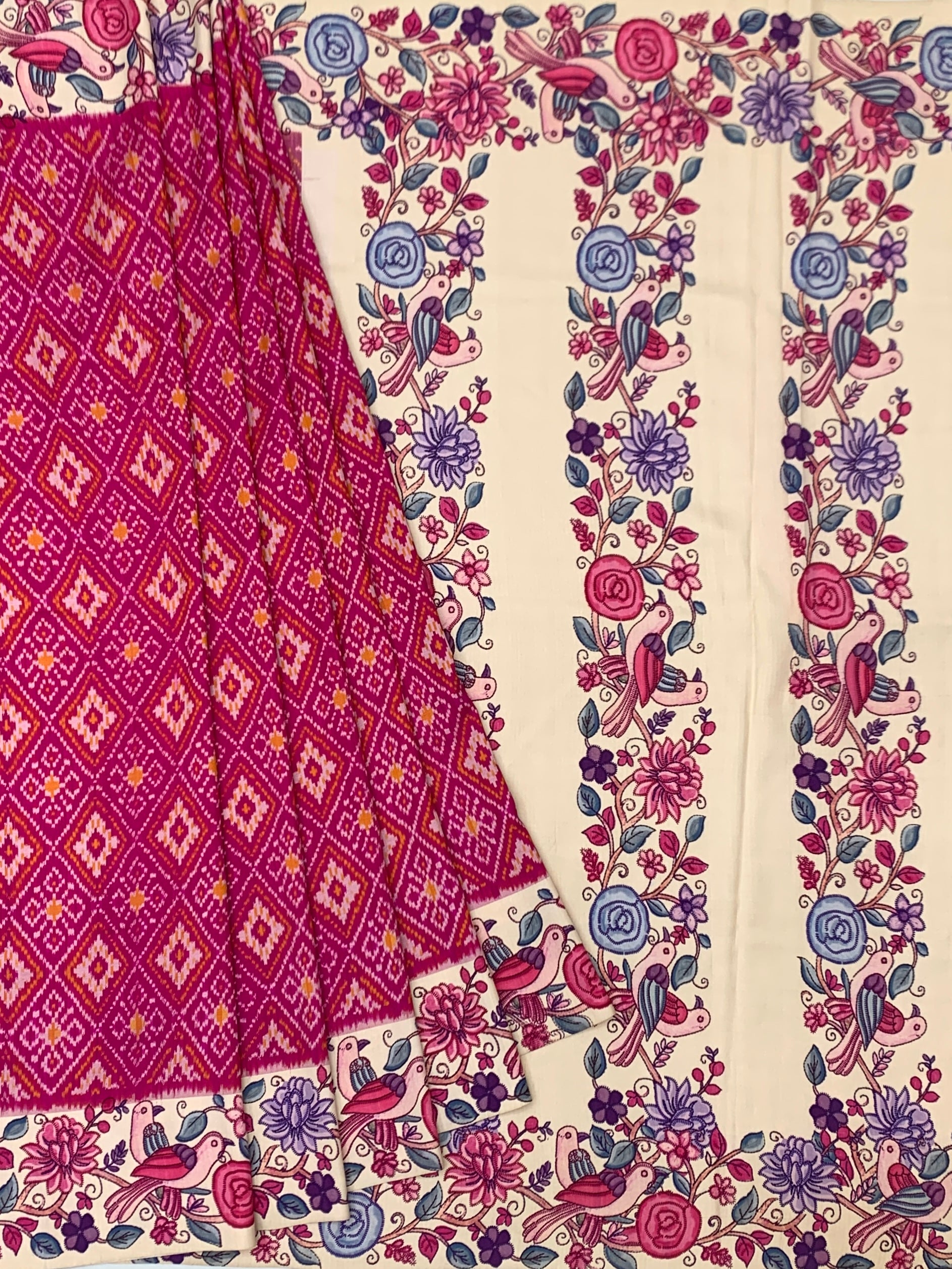 Vibrant Magenta Pink Patola Print Saree with Kalamkari Floral & Avian Motif Pallu