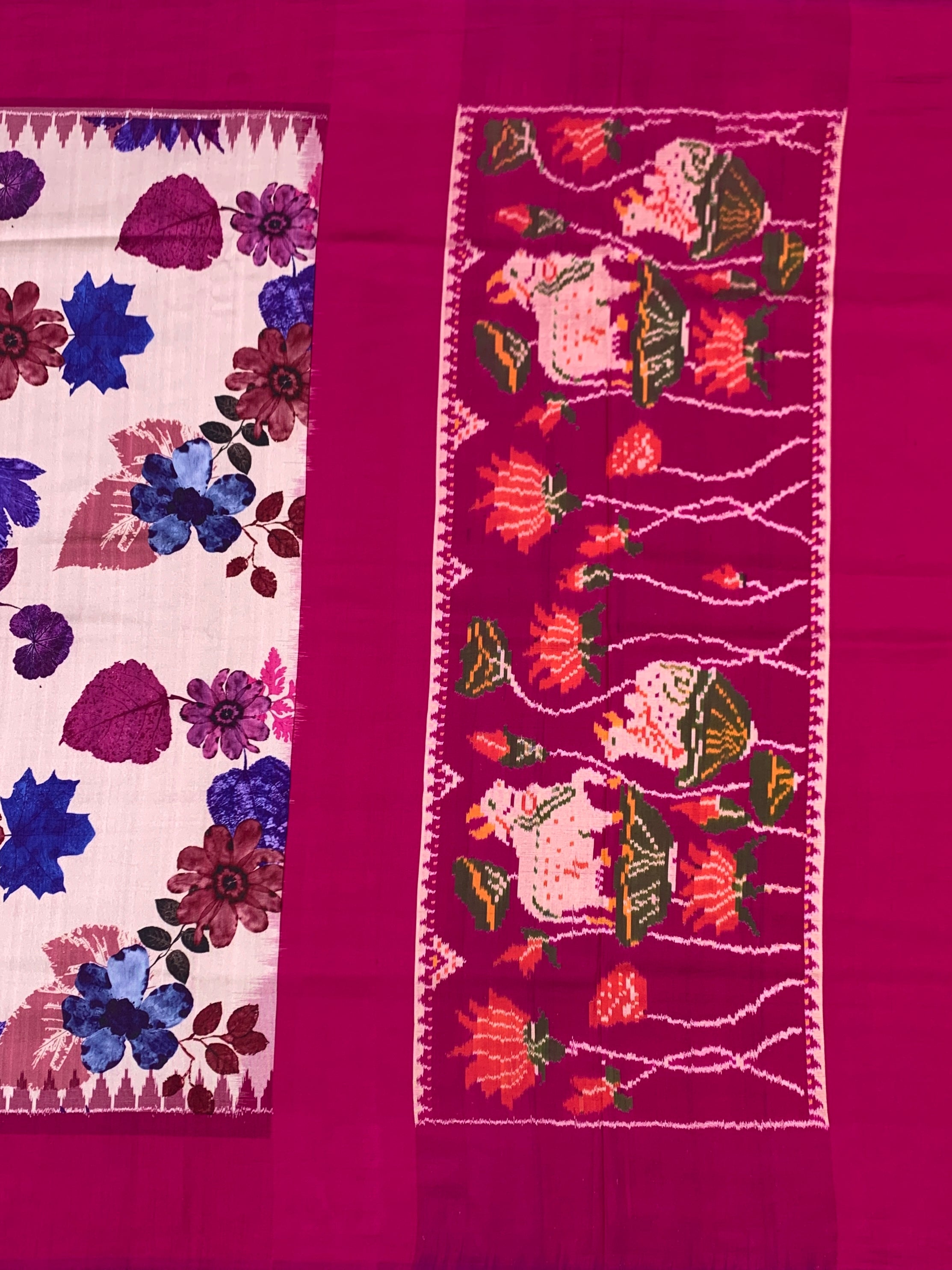 Light Magenta Floral Print Saree with Traditional Patola Style Pallu & Matching Blouse Piece