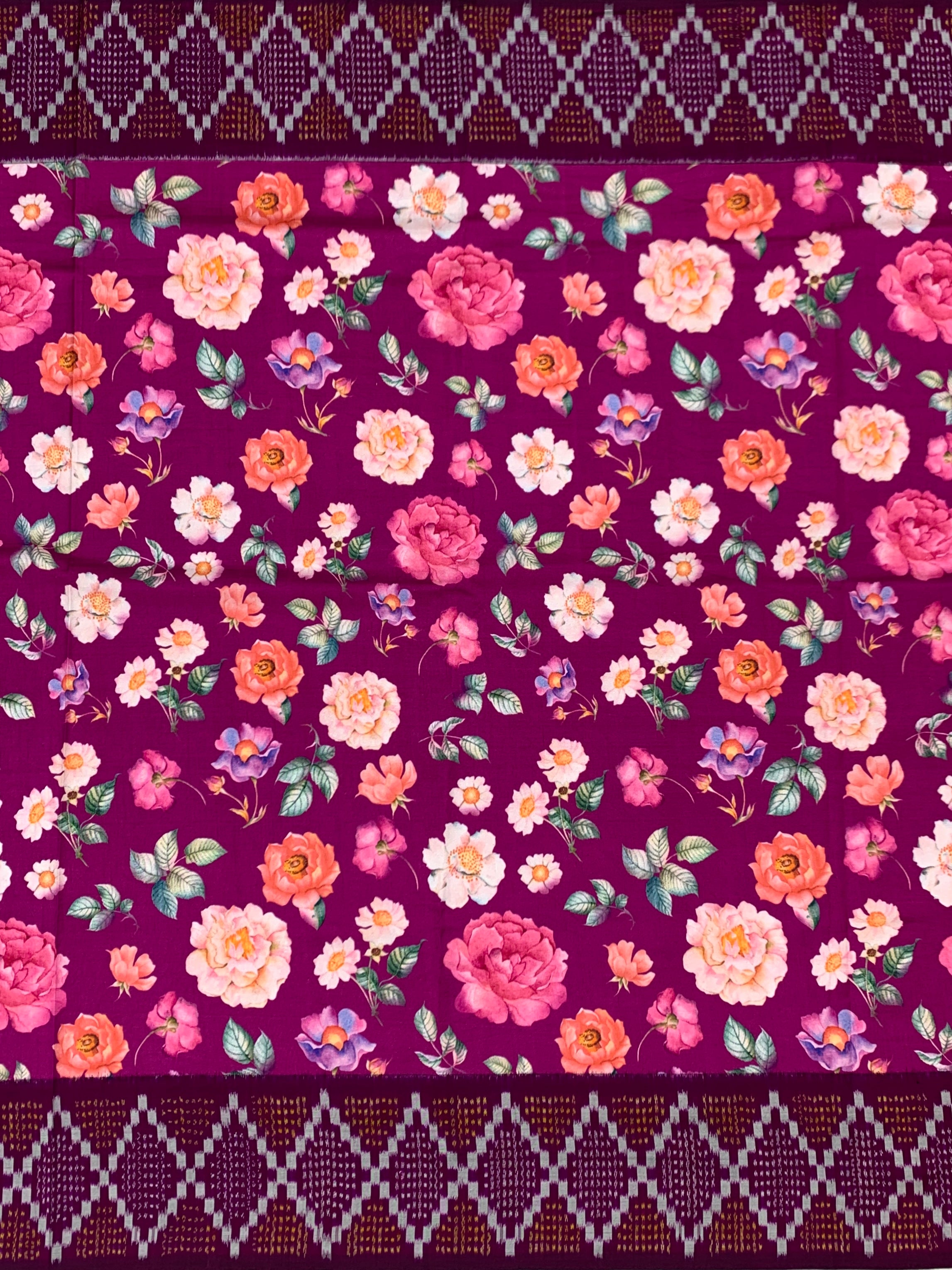 Elegant Magenta Floral & Patola Print Saree with Unstitched Blouse Piece