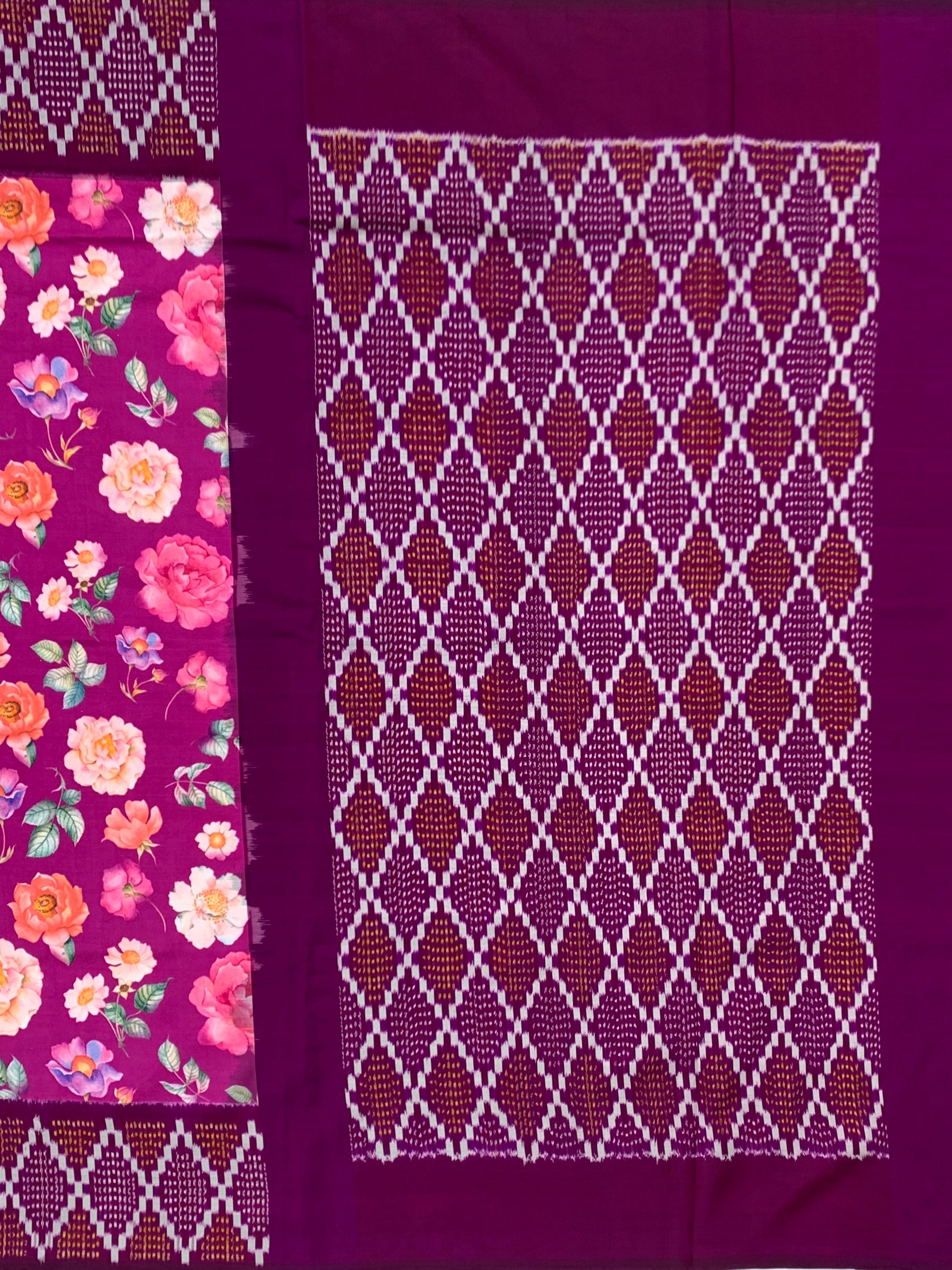 Elegant Magenta Floral & Patola Print Saree with Unstitched Blouse Piece