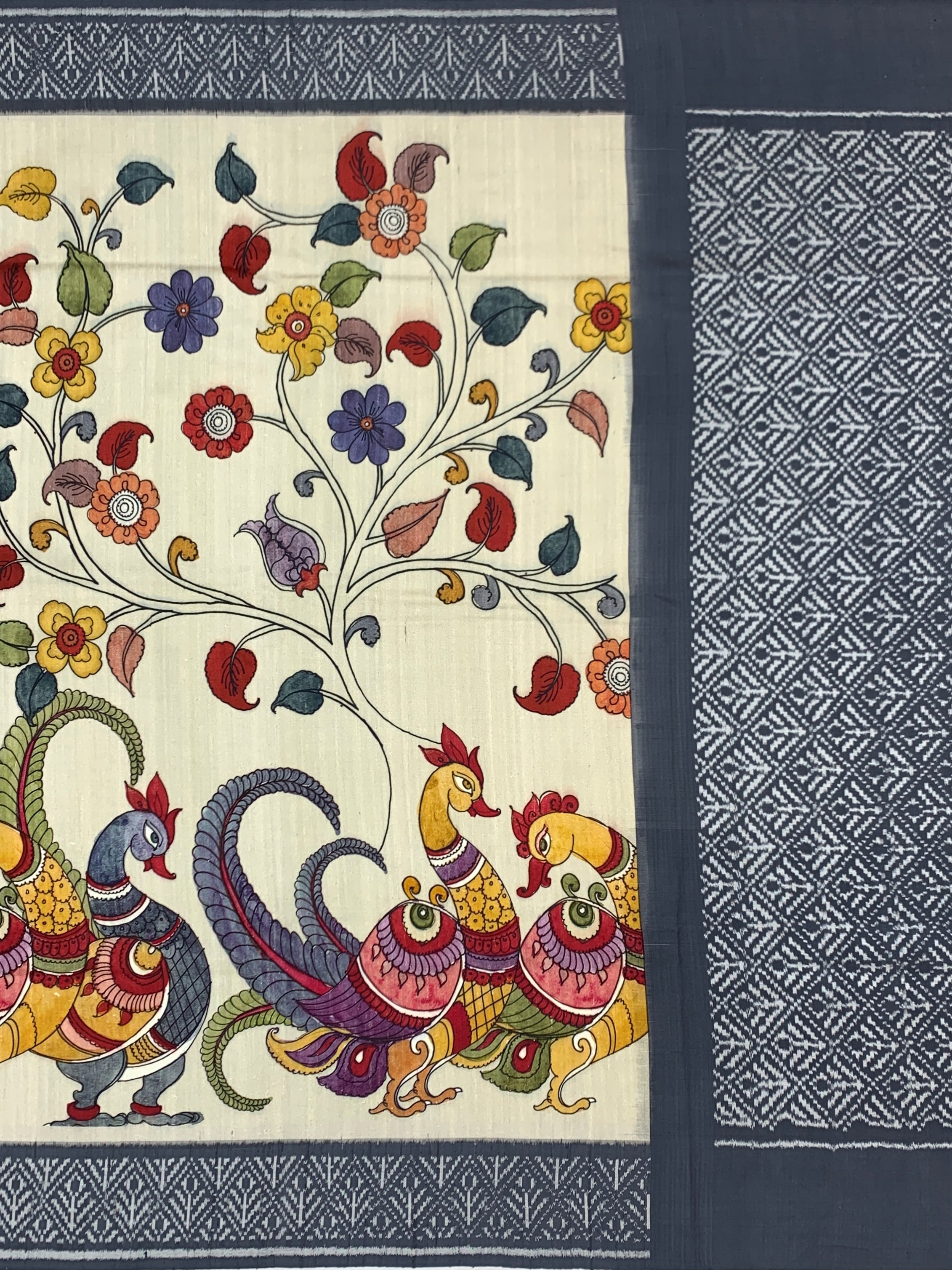 Off-White & Slate Grey Kalamkari & Patola Pattern Saree