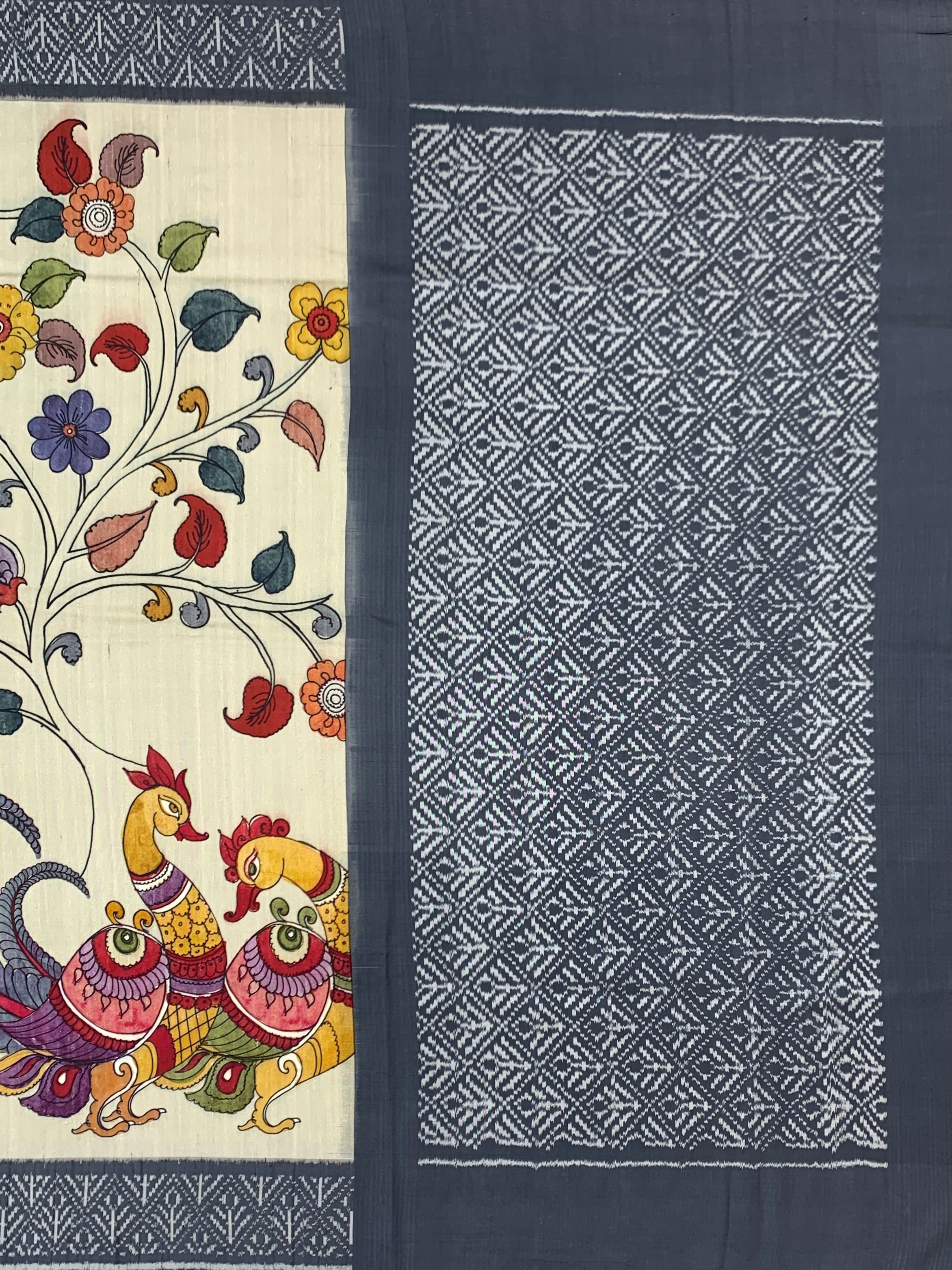 Off-White & Slate Grey Kalamkari & Patola Pattern Saree