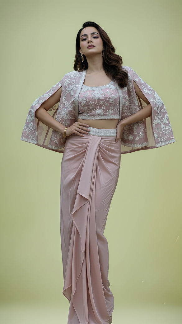 Blush Pink Crepe Draped Skirt Set