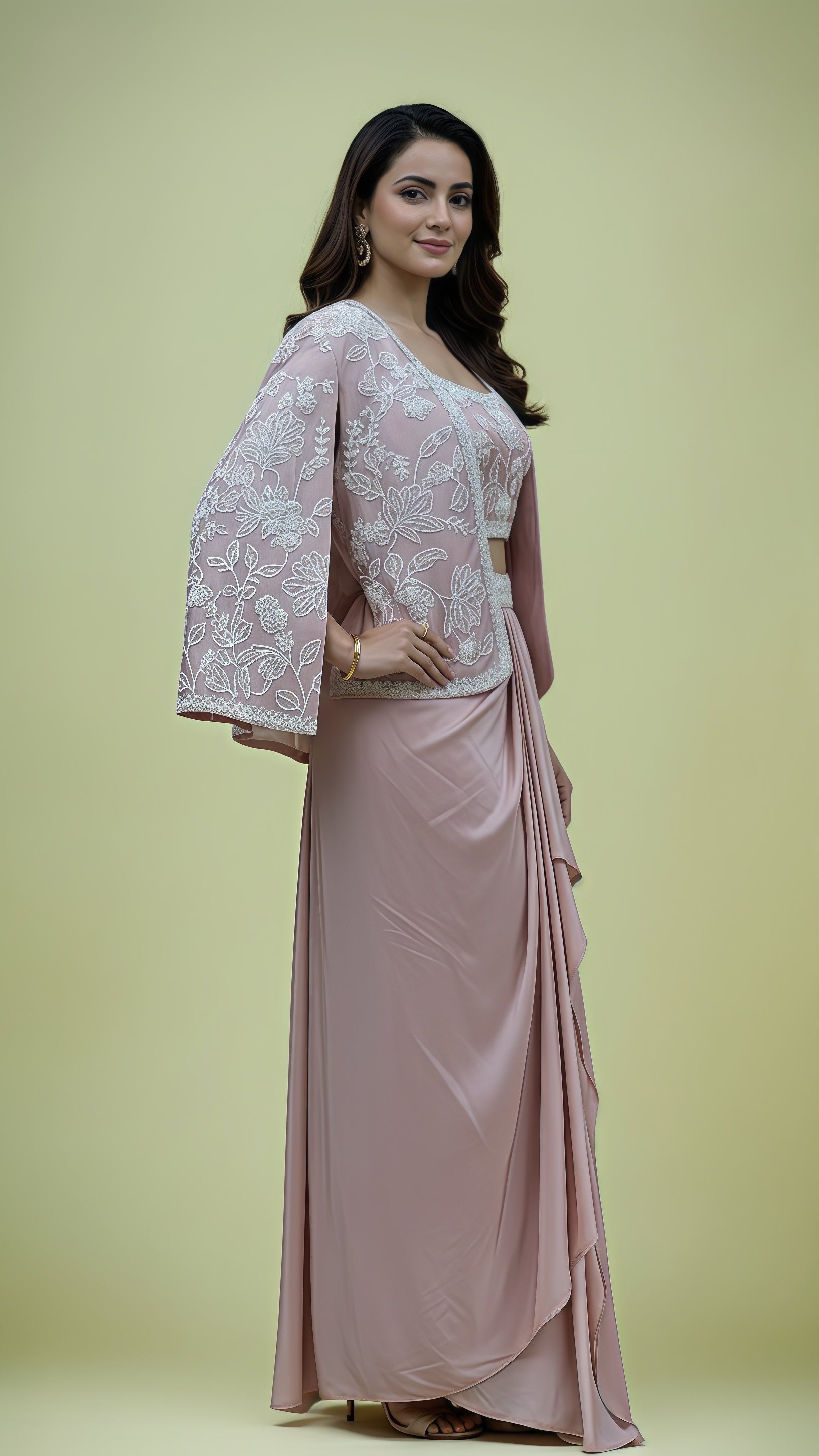 Blush Pink Crepe Draped Skirt Set
