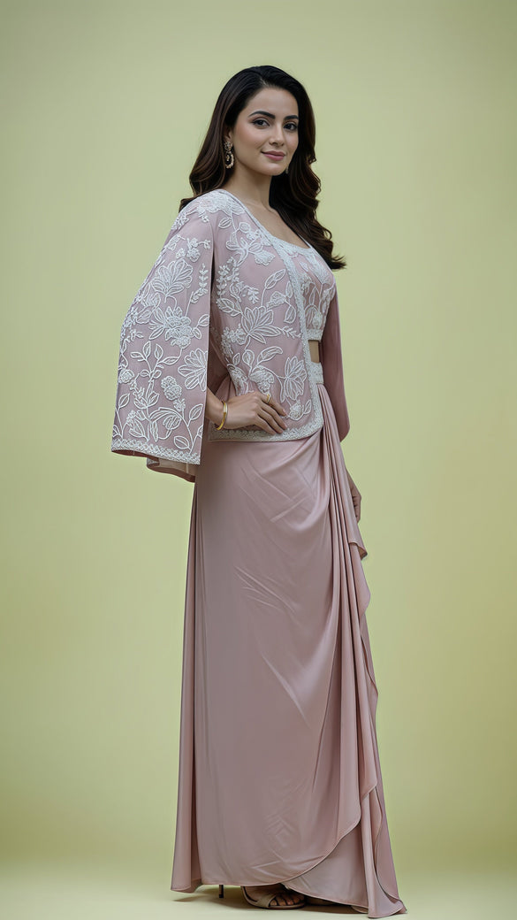 Blush Pink Crepe Draped Skirt Set