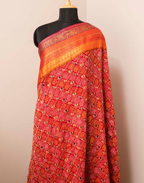 Fusion Handwoven Georgette Bandhani With Twill Kanchi Border And Pallu