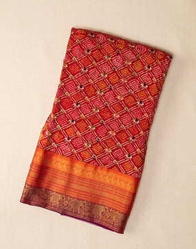 Fusion Handwoven Georgette Bandhani With Twill Kanchi Border And Pallu
