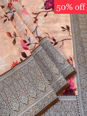 Kanjeevaram Print Saree Peachish Brown In Colour