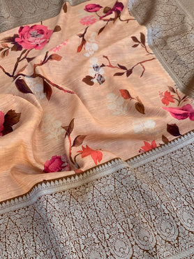 Kanjeevaram Print Saree Peachish Brown In Colour