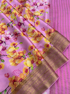 Satin Crape Floral Print Saree Light Pink In Colour