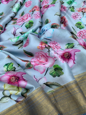 Satin Crepe Floral Print Saree Grey In Colour