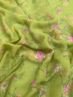 Chiffon Floral Print Saree Green In Colour