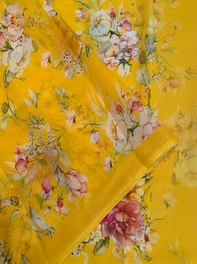 Chiffon Floral Print Saree Yellow  In Colour