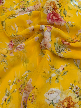 Chiffon Floral Print Saree Yellow  In Colour