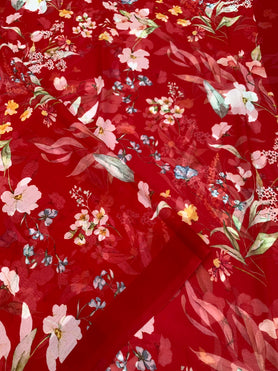 Chiffon Floral Print Saree Red In Colour