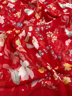 Chiffon Floral Print Saree Red In Colour