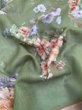Cotton Kota Floral Print Saree Green In Colour